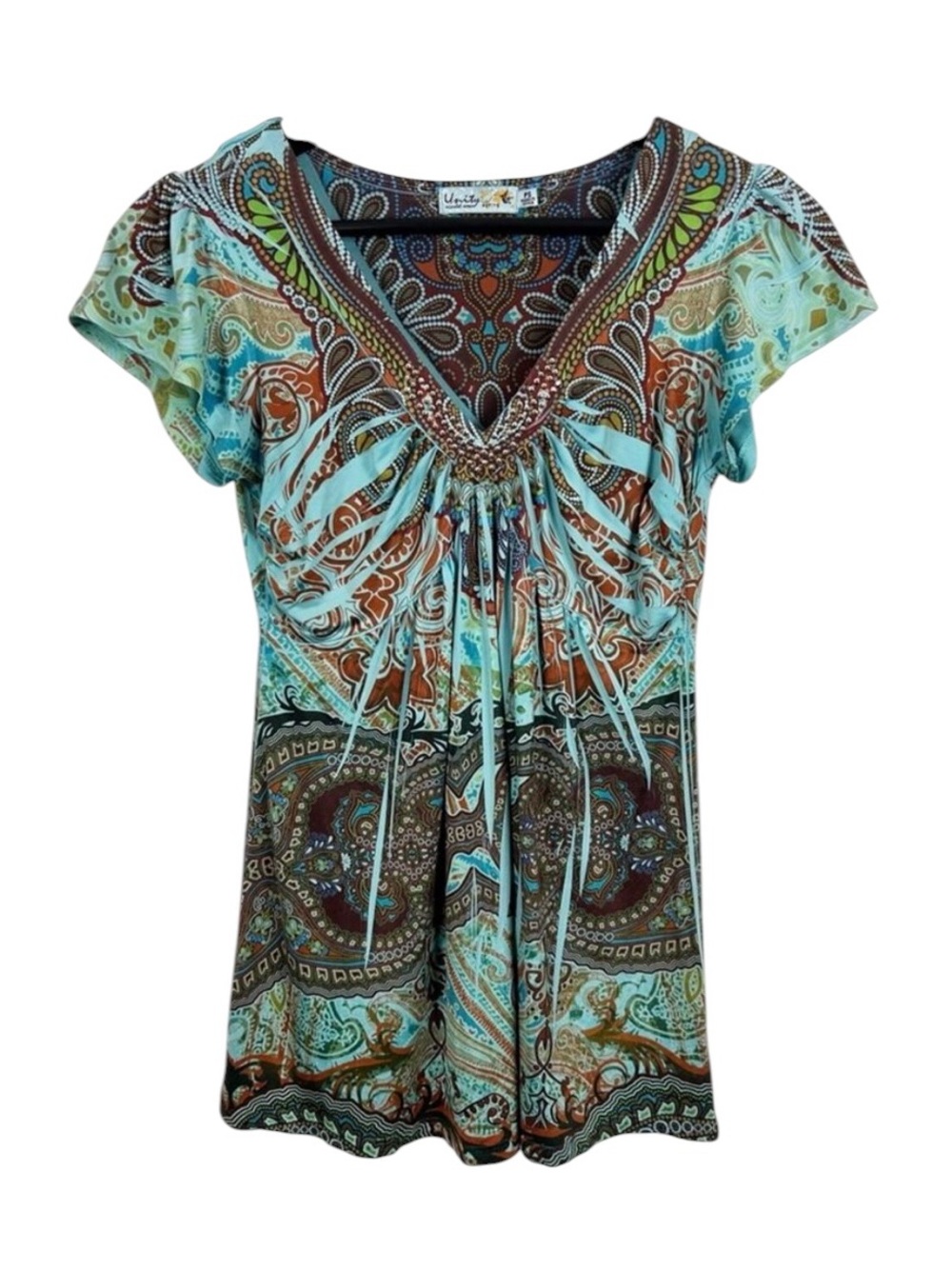Unity World Wear Y2K Aqua and Brown Paisley Short Sleeve Top Size Small Petite